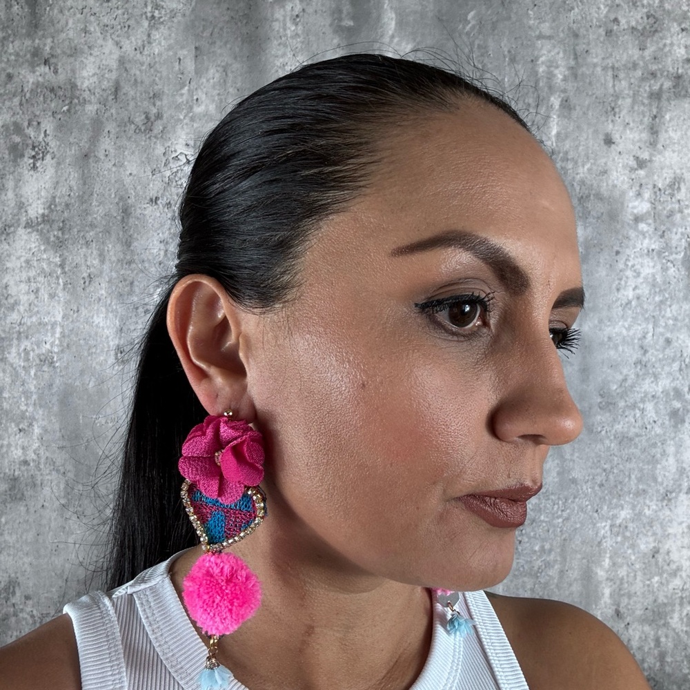 Pink and Blue Mexican Artisan Statement Earrings